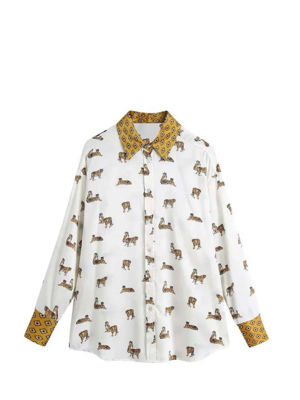 Zara White Tiger Print Button-Down with Yellow Contrast Collar